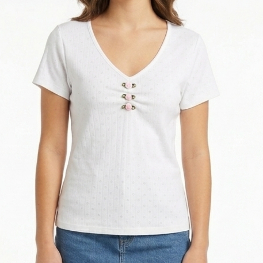 Lucky777 White Cotton Pointelle Blouse / Coquette Roses - XL - #VINTAGE#Y2KSTYLE
